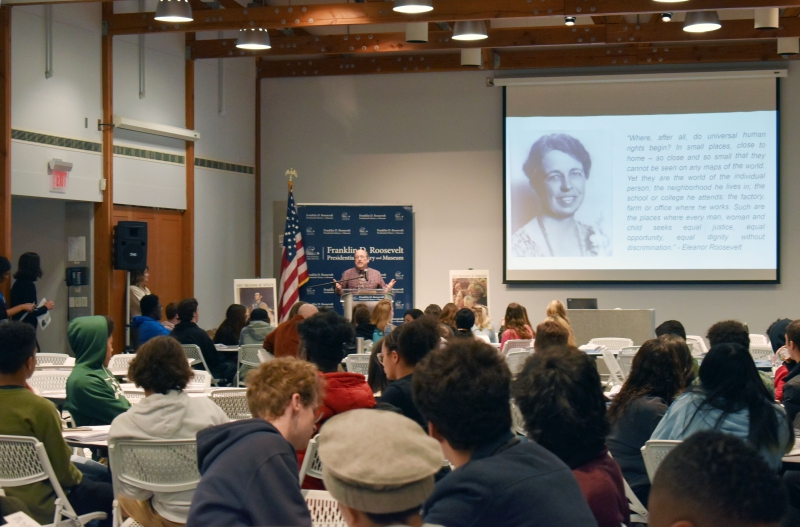 Jeff Urbin, education specialist at the Henry A. Wallace Center at the FDR Presidential Library and Home, speaks about Eleanor Roosevelt’s involvement with the Universal Declaration of Human Rights.