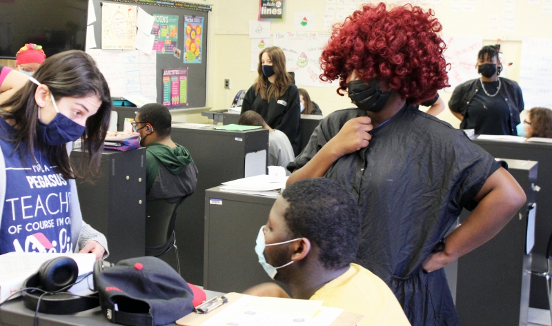 Cosmetology student Angel Peterman (foreground) and Emma MacDermott and Laila Plant (background, L-R), with Pegasus studnets as part of the CTI/Buddy Program.