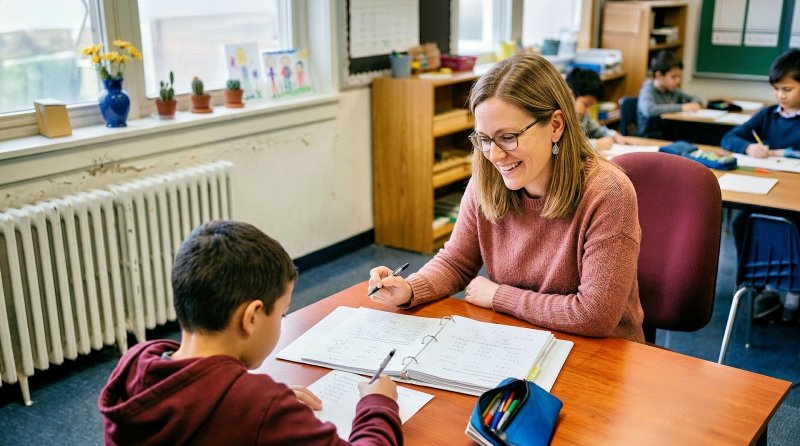 A teacher aide works with a  student at a desk/courtesy erwinbosman via Pixabay