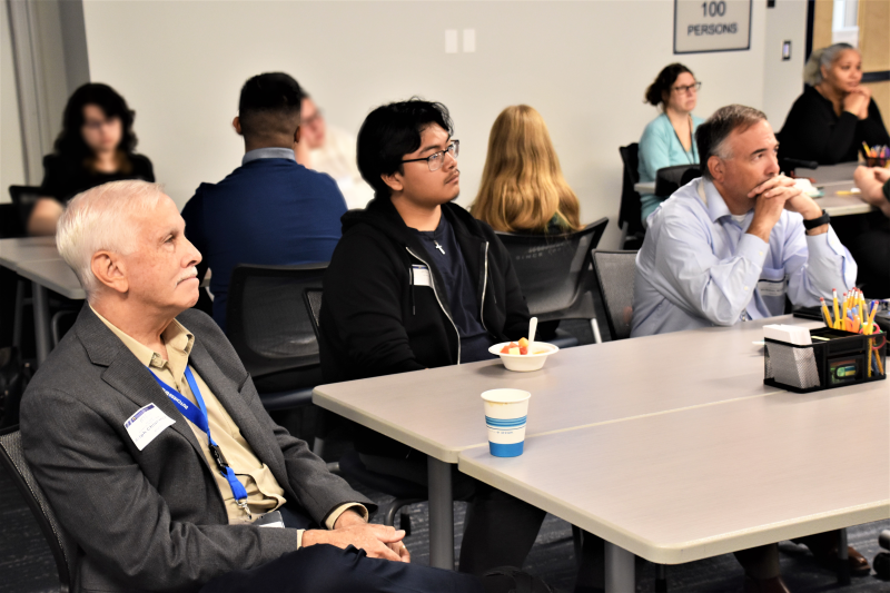 BOCES Board President Ralph Chiumento Jr., student board member Johan Melchor Vasquez and Director of CTE Programming and Adult Learning Nick Millas during the training
