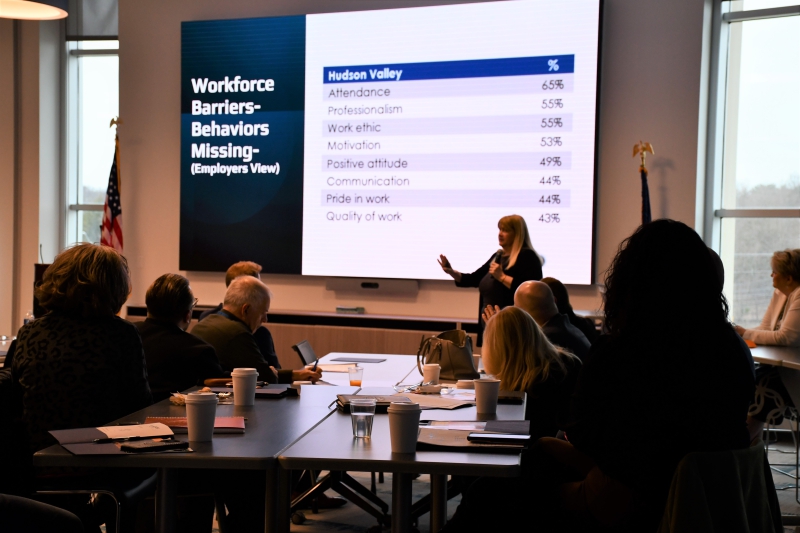 Dutchess County Workforce Investment Board Executive Director Louise McLoughlin speaks about  behaviors Dutchess employers say are missing in job candidates, showing a slide of the top eight reasons.