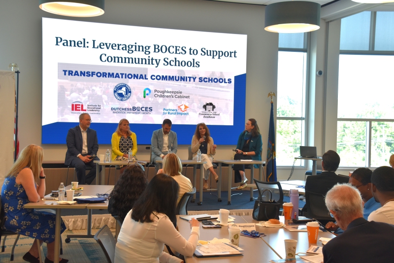A panel of people answer questions from the audience at the Transformational Community Schools event at Dutchess BOCES.